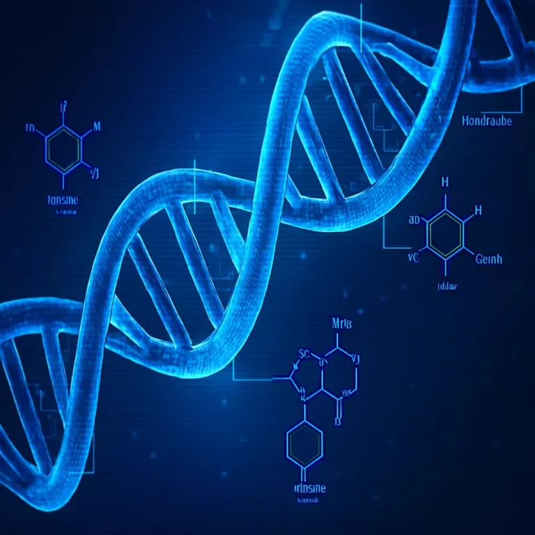 Διπλή έλικα DNA με μπλε φωτισμό και χημικές δομές των νουκλεοτιδίων γύρω της.